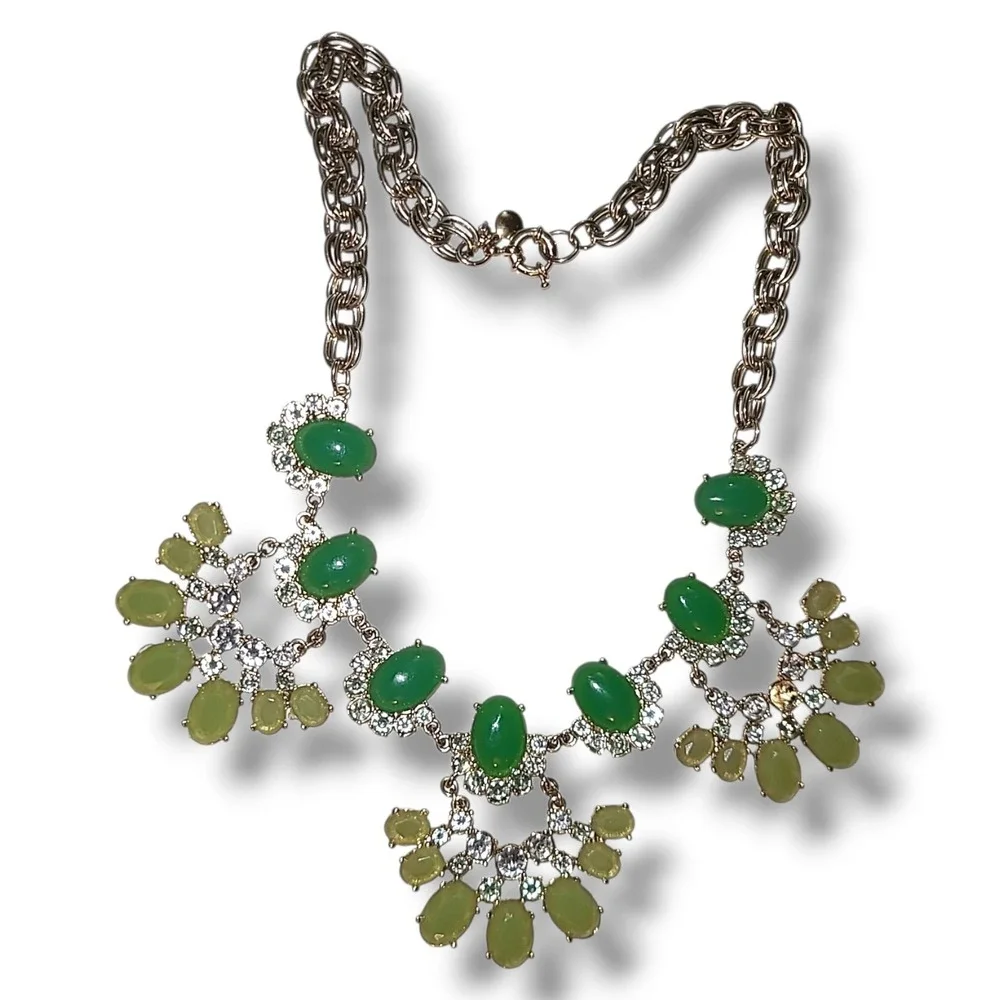 Vtg J.CREW Faux‎ Jade Rhinestone Double Rolo Springtime Statement Necklace 22
